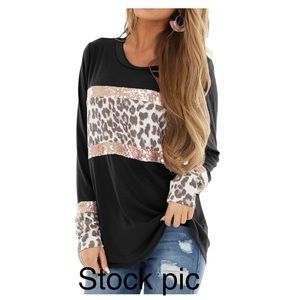 Womens Leopard Long Sleeve Sequin Color Block Tunic Crewneck sx XXL